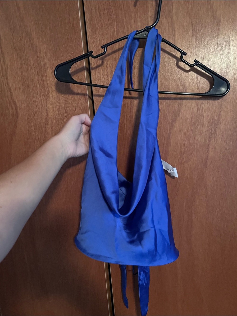Zara Royal Blue Satin Halter Cowl Neck Top